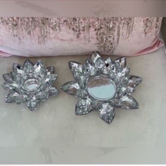 Set of 2 Silver and Clear Crystal Lotus Votive Candle Holder - Picture 7 of 10